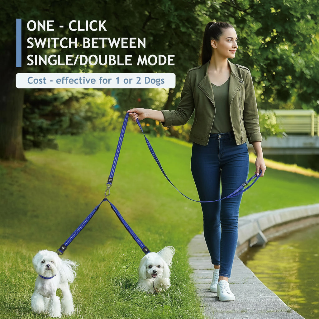 Kruz Double Dog Leash for Two Dogs (Width - 5/8”, Length 14”-27”) Dual Leash Coupler with Tangle-Free Swivel, Shock-Absorbing Reflective Bungee for Comfortable Walking & Training (Blue, Small)