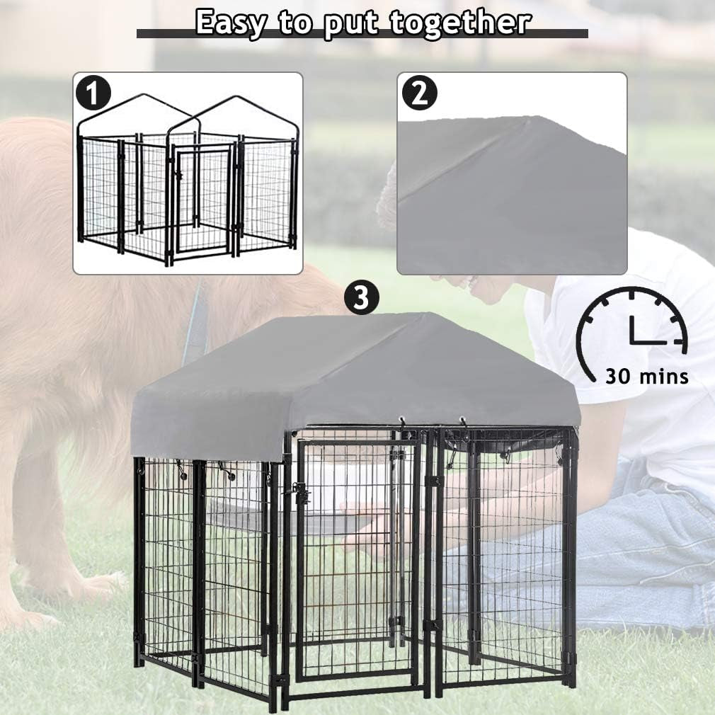 Dog Crate Dog Kennel Cage Outdoor Welded Wire Dog Playpen Heavy Duty Pet Exercise Pen with UV Protection Waterproof Cover and Roof Galvanized Metal Animal Kennel for Large Dogs, Black