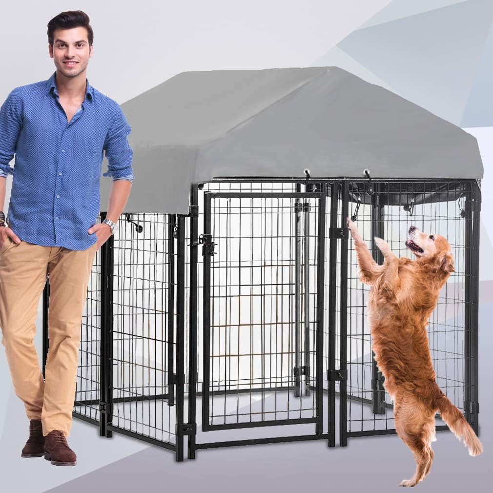 Dog Crate Dog Kennel Cage Outdoor Welded Wire Dog Playpen Heavy Duty Pet Exercise Pen with UV Protection Waterproof Cover and Roof Galvanized Metal Animal Kennel for Large Dogs, Black