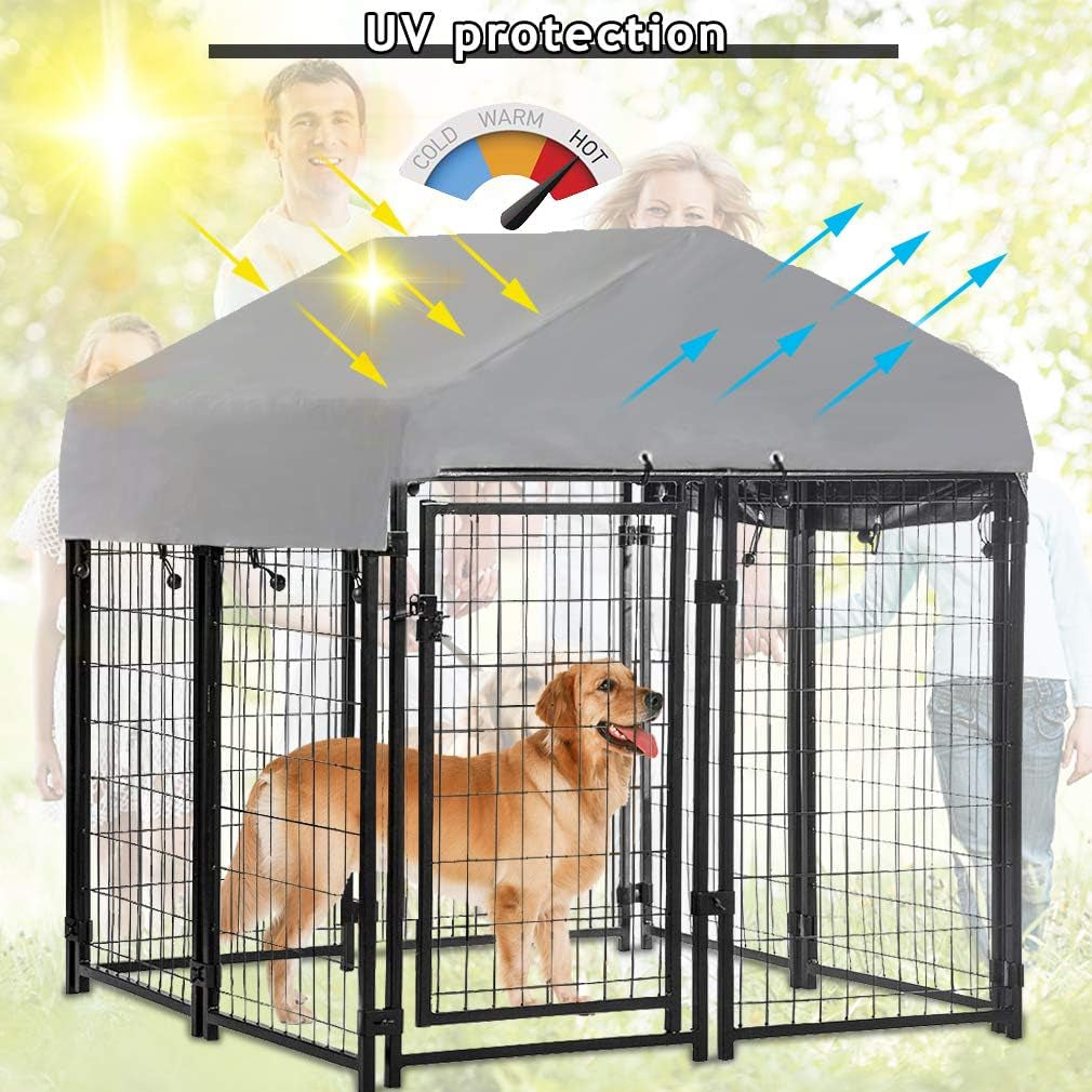Dog Crate Dog Kennel Cage Outdoor Welded Wire Dog Playpen Heavy Duty Pet Exercise Pen with UV Protection Waterproof Cover and Roof Galvanized Metal Animal Kennel for Large Dogs, Black