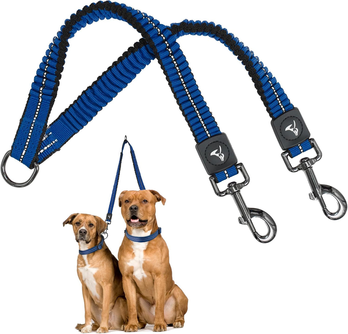 Kruz Double Dog Leash for Two Dogs (Width - 5/8”, Length 14”-27”) Dual Leash Coupler with Tangle-Free Swivel, Shock-Absorbing Reflective Bungee for Comfortable Walking & Training (Blue, Small)