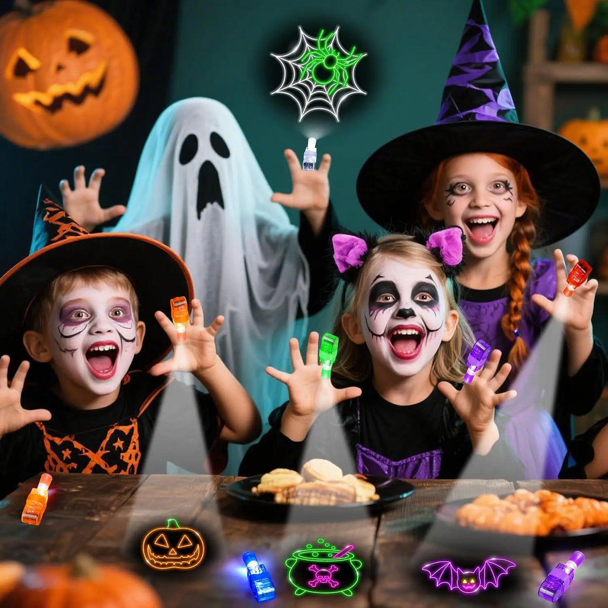 40/100PCS Halloween LED Light up Finger Lights Projection Glow Finger Rings Glow in the Dark Trick‑Or‑Treat Party Decor