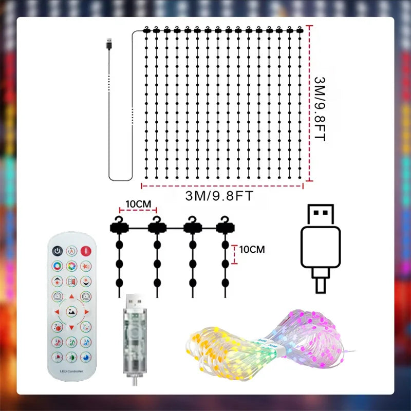1/2PCS Smart LED Curtain Lights LED Fairy Lights App Control Music Sync DIY Pattern Waterproof for Indoor Outdoor Party Decor