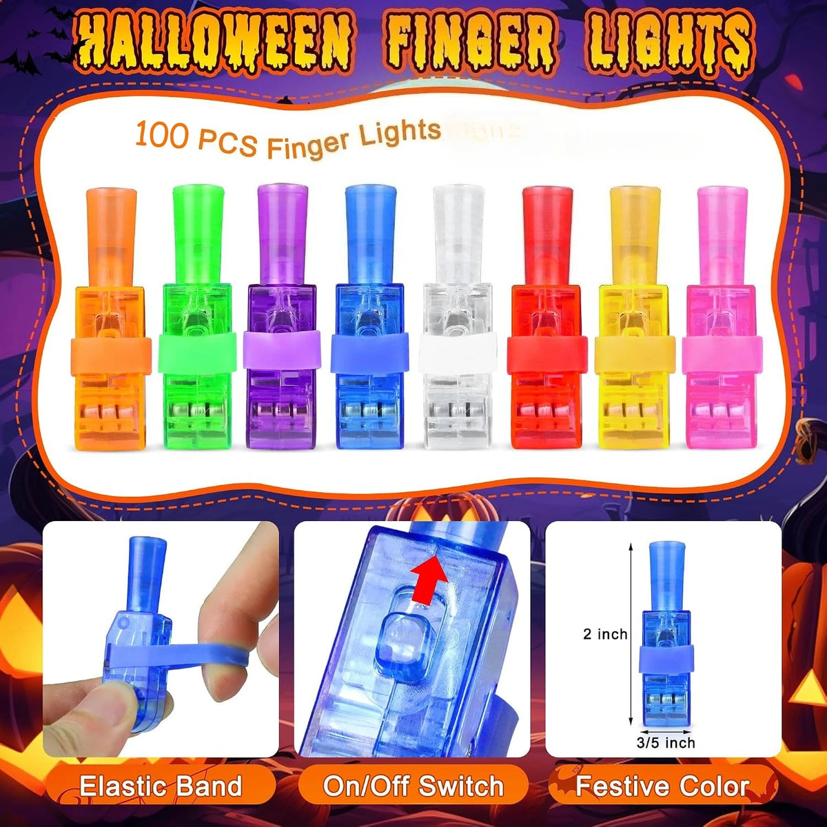 40/100PCS Halloween LED Light up Finger Lights Projection Glow Finger Rings Glow in the Dark Trick‑Or‑Treat Party Decor