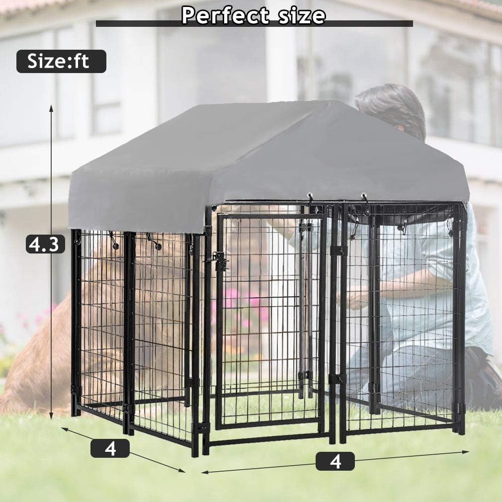 Dog Crate Dog Kennel Cage Outdoor Welded Wire Dog Playpen Heavy Duty Pet Exercise Pen with UV Protection Waterproof Cover and Roof Galvanized Metal Animal Kennel for Large Dogs, Black